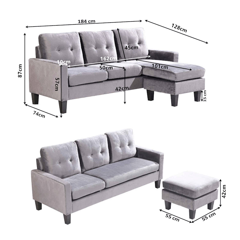 Corner Sofa Fabric Sectional Sofa with Ottoman L-shaped  Light Grey Sofa Couch Reversible 3-Seater