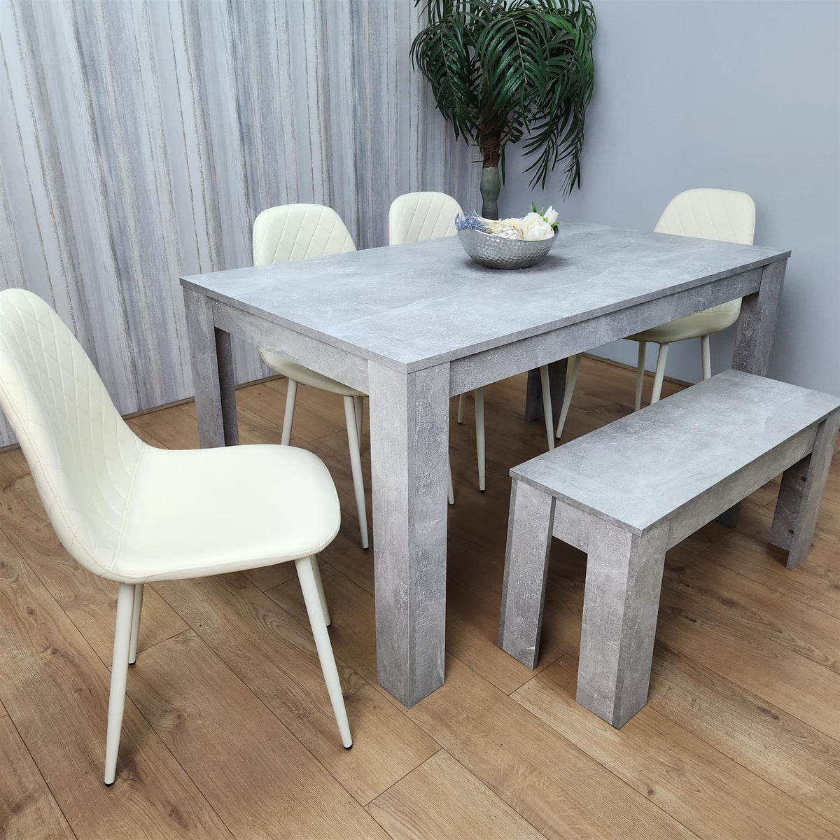 Wooden Rectangle Dining Table Sets with Set of 4 Chairs, a Bench, Grey and Cream