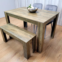 Dining Table Set for 4 Rustic Effect Dining Table With 2 Grey Velvet Chairs and 1 Matching Bench