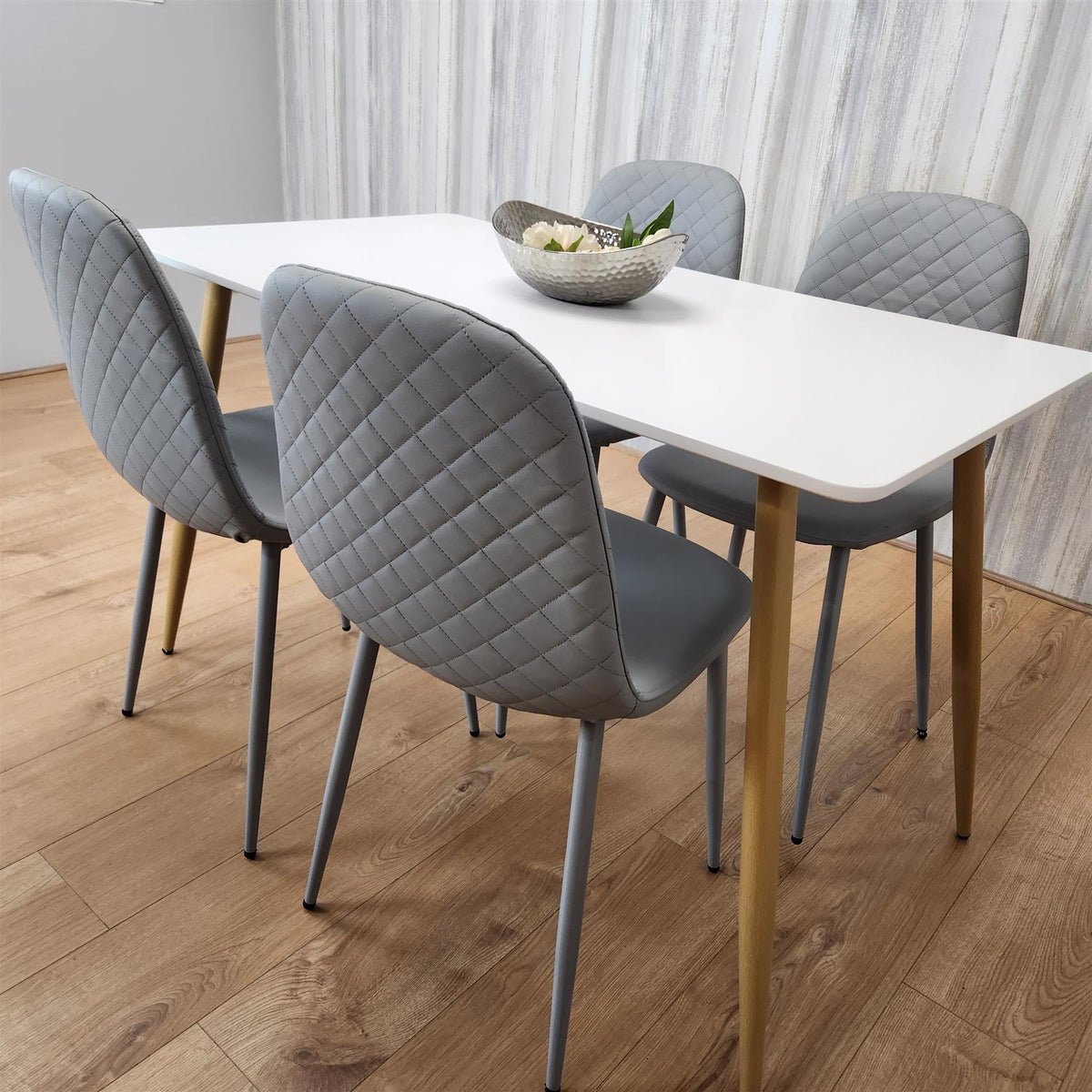 Wooden Dining Table with 4 Grey Gem Patterned Chairs White Table with Grey Chairs