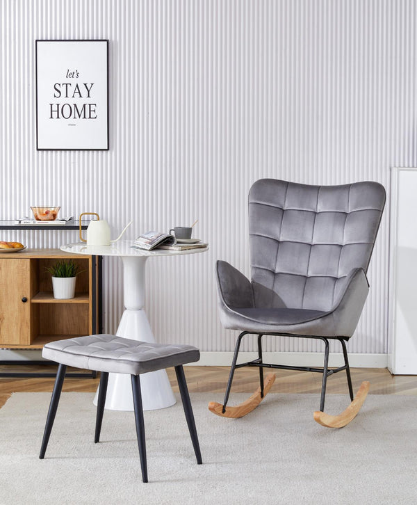 Velvet Lounge Rocker chair with foot stool grey recliner sofa living room furniture
