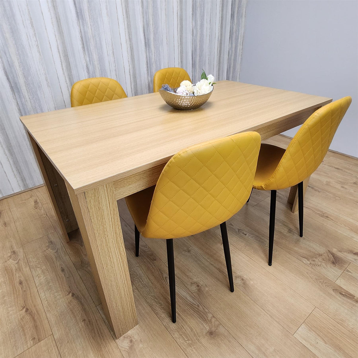 Dining Table and 4 Chairs Oak Effect Table with 4 Mustard Gem Patterned Chairs