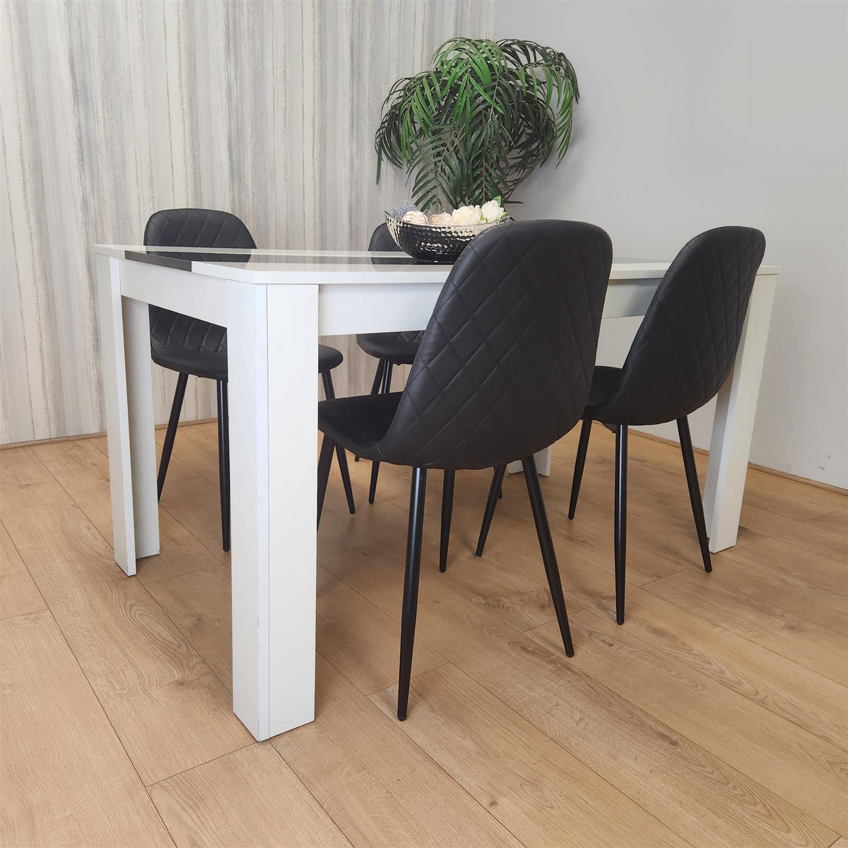 Dining White Black Wood Table and 4 Leather Black Chairs Dining Room Set