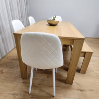 Wooden Dining Table Set for 6 Oak Effect Table With 4 White Gem Patterned  Chairs and 1 Bench