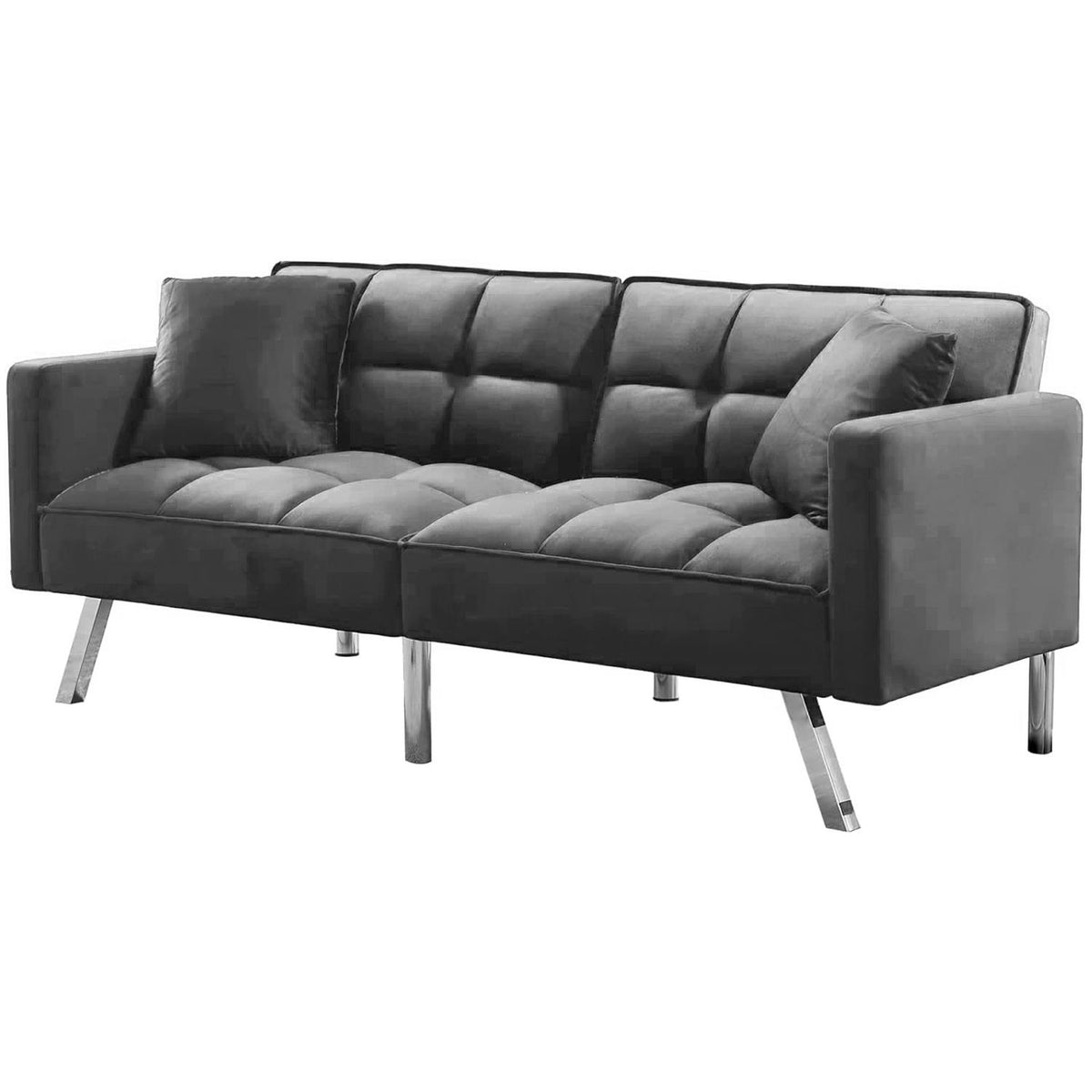 Sofa Bed 2 Seater Grey Velvet Click Clack Sofa Settee Recliner Couch with Metal Legs with 2 Pillows