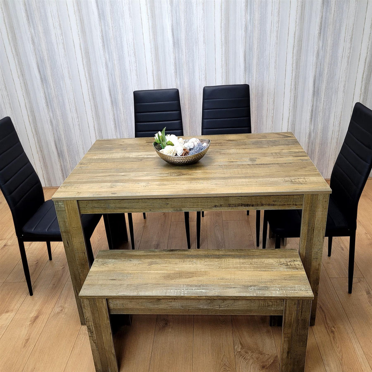 Wooden Dining Table Set for 6 Rustic Effect Table With 4 Black Leather Chairs and 1 Bench