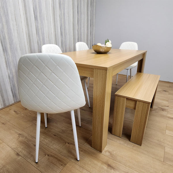 Wooden Dining Table Set for 6 Oak Effect Table With 4 White Gem Patterned  Chairs and 1 Bench