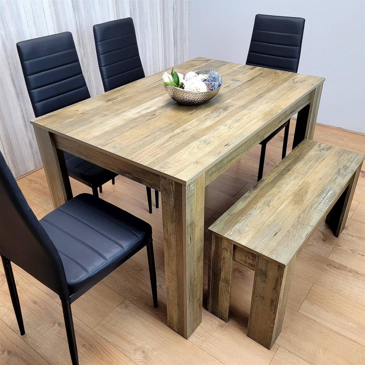 Wooden Dining Table Set for 6 Rustic Effect Table With 4 Black Leather Chairs and 1 Bench