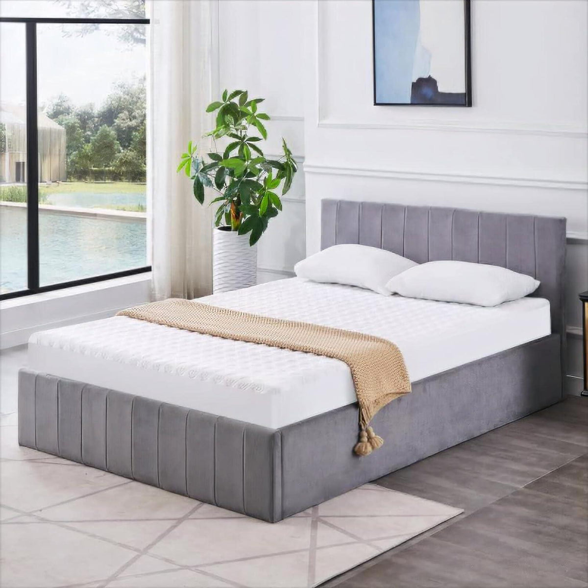 Ottoman Storage Bed grey small double 4ft line pattern fabric velvet bedroom furniture