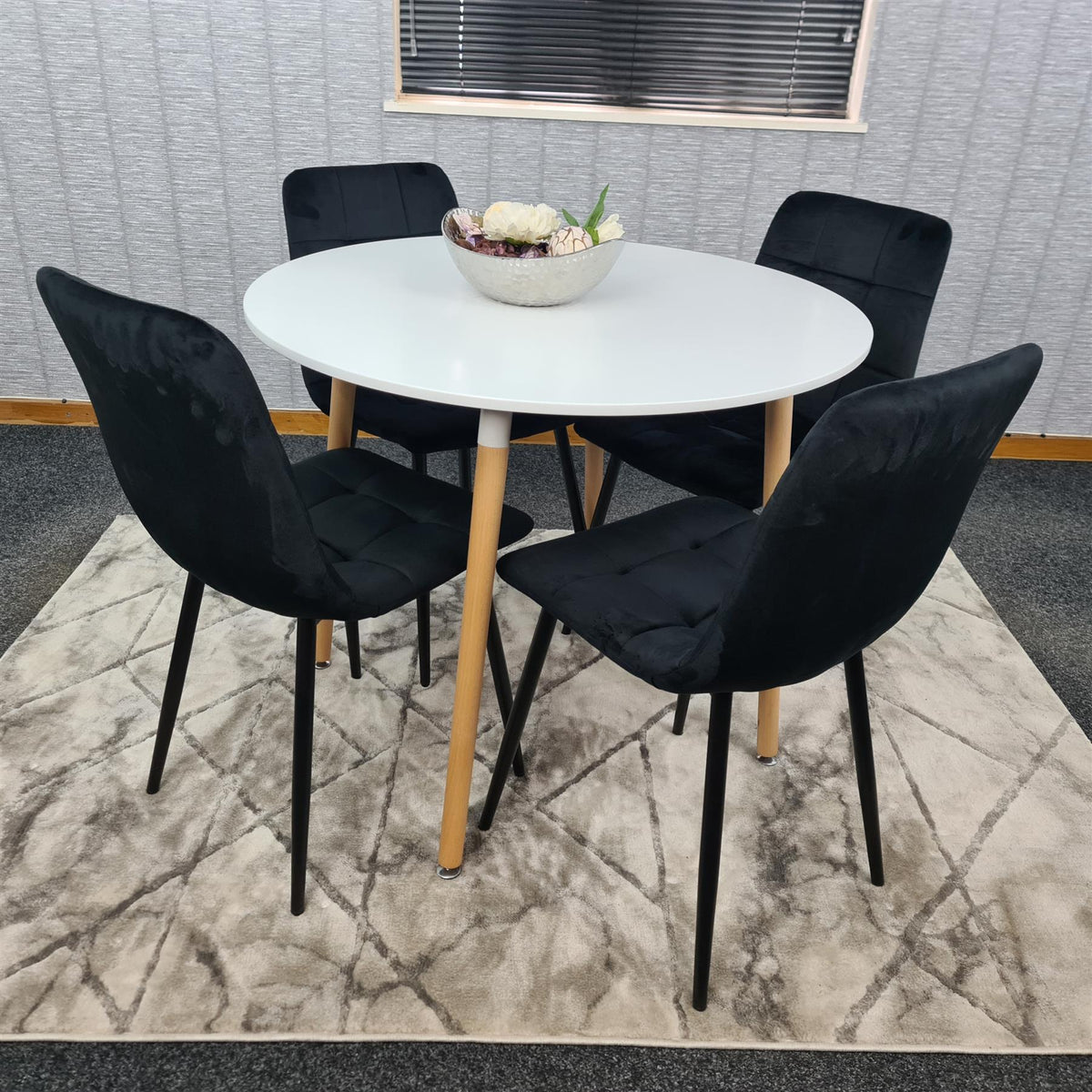 Dining Table and 4 Chairs  White Round Wood Table 4 Black Velvet Chairs Dining Room Furniture