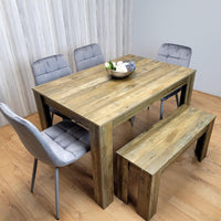 Wooden Dining Table Set for 6 Rustic Effect Table With 4 Grey Velvet Chairs and 1 Bench