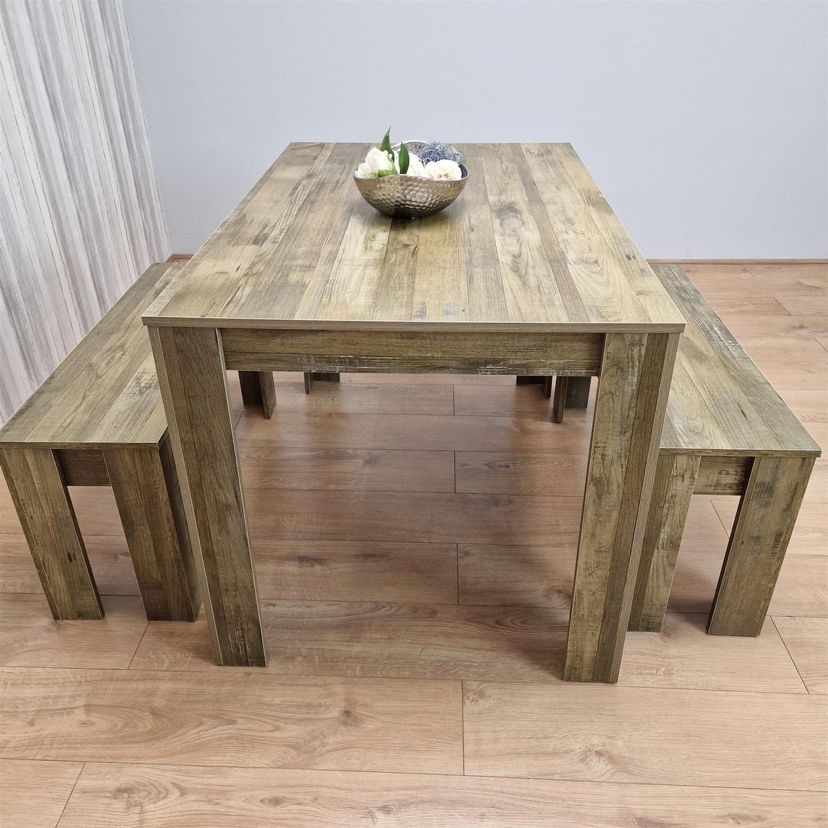 Dining Table and 2 Benches Rustic Effect Wood Table Rustic Benches Dining Room