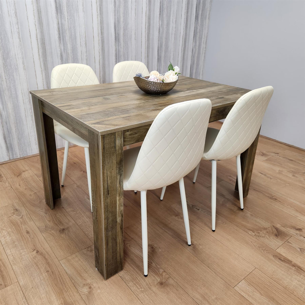 Wooden Dining Table with 4 Cream Gem Patterned Chairs Rusteic Effect Table with Cream Chairs