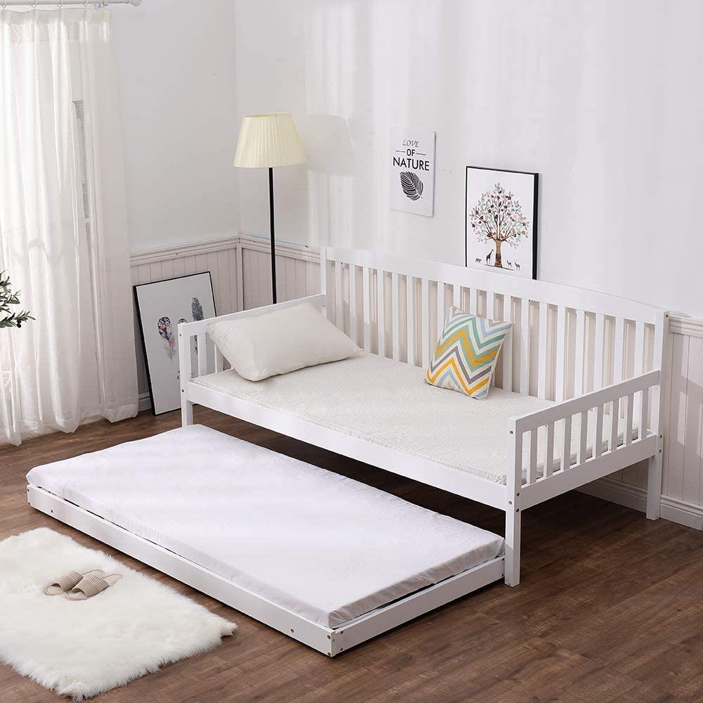 Daybed With Trundle white 3ft single and 2 mattresses wooden pull out guest room bedroom