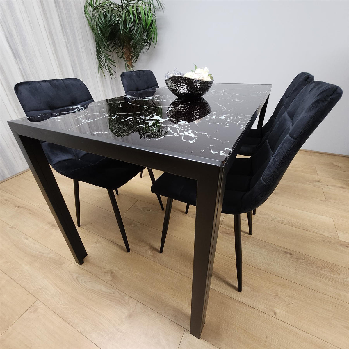 Dining Table and 4 Chairs Black Marble Effect Glass 4 Velvet Black Chairs Dining Room Furniture