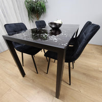 Dining Table and 4 Chairs Black Marble Effect Glass 4 Velvet Black Chairs Dining Room Furniture