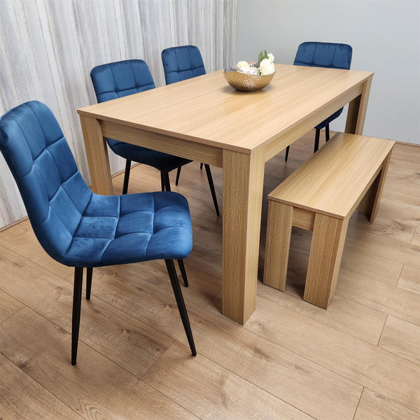 Wooden Dining Table Set for 6 Oak Effect Table With 4 Blue Velvet Chairs and 1 Bench