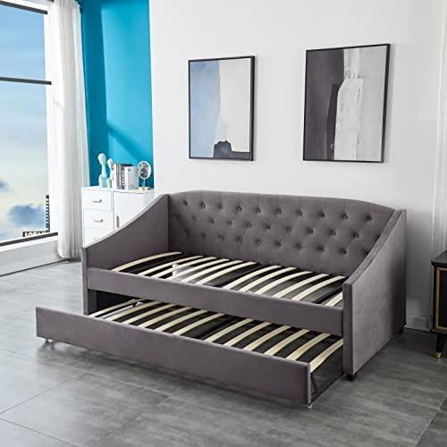 Daybed with Trundle grey 3ft twin velvet tufted wooden day bed with 2 mattresses bedroom