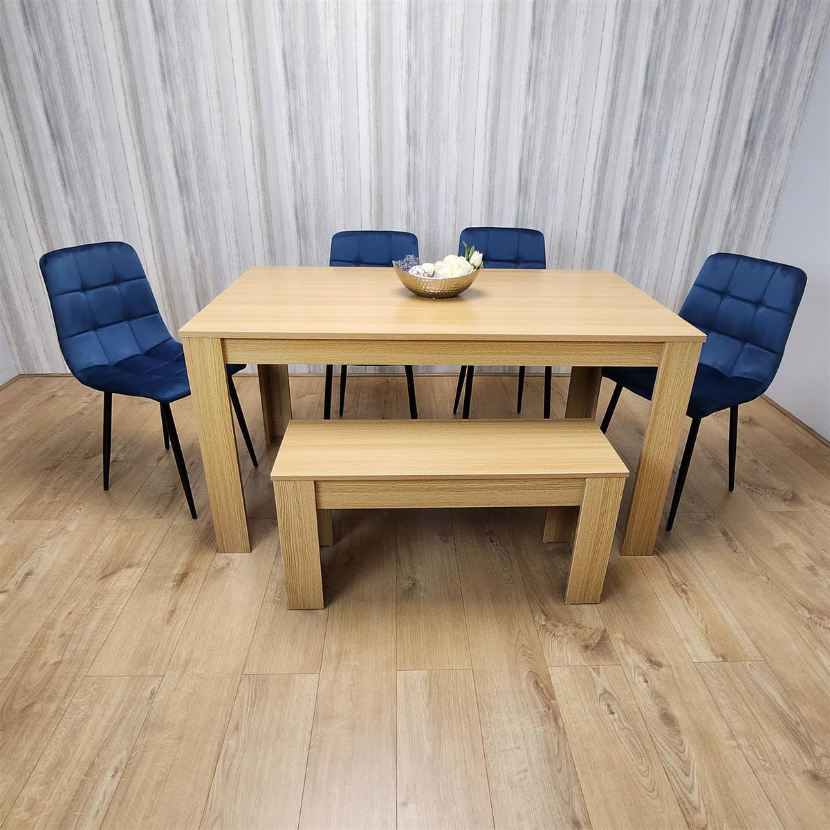 Wooden Dining Table Set for 6 Oak Effect Table With 4 Blue Velvet Chairs and 1 Bench