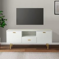 White TV Cabinet with Gold Metal Legs and Handles – Stylish Media Console with Spacious Storage