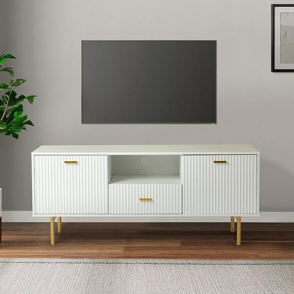 White TV Cabinet with Gold Metal Legs and Handles – Stylish Media Console with Spacious Storage