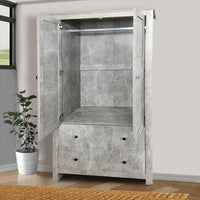 Grey Wardrobe Wooden 2 Doors With 2 Drawers Bedroom Storage Hanging Bar Clothes