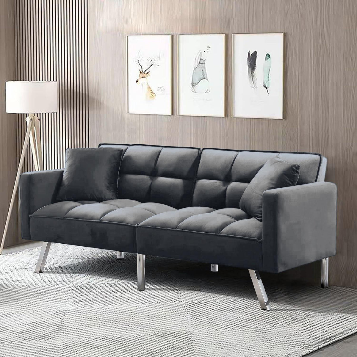 Sofa Bed 2 Seater Grey Velvet Click Clack Sofa Settee Recliner Couch with Metal Legs with 2 Pillows