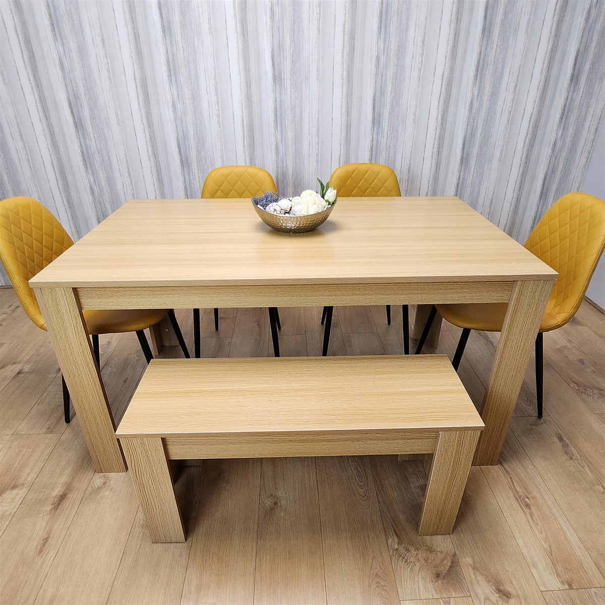 Wooden Dining Table Set for 6 Oak Effect Table With 4 Mustard Gem Patterned  Chairs and 1 Bench