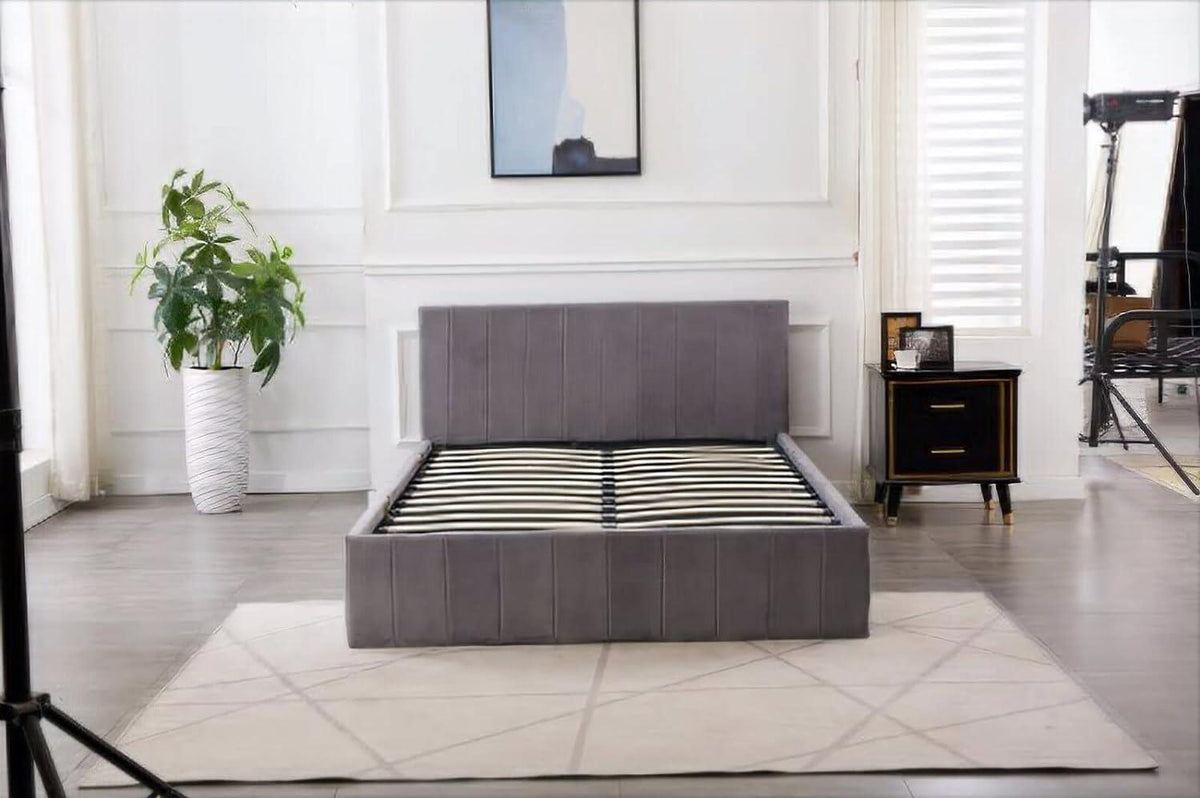 Ottoman Storage Bed grey small double 4ft 6 line pattern fabric velvet bedroom furniture