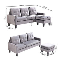 Corner Sofa Velvet Sectional Sofa with Ottoman L-shaped Grey Sofa Couch Reversible 3-Seater