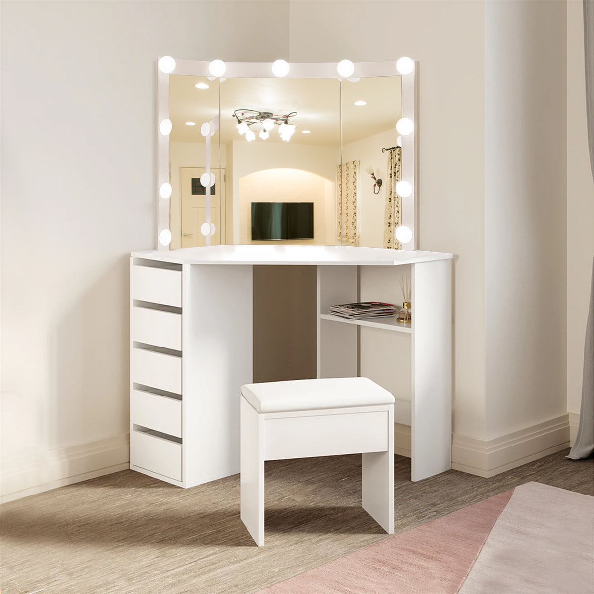 Corner Dressing Table with Mirror and Stool Makeup Vanity LED Mirror Lights Hollywood Table