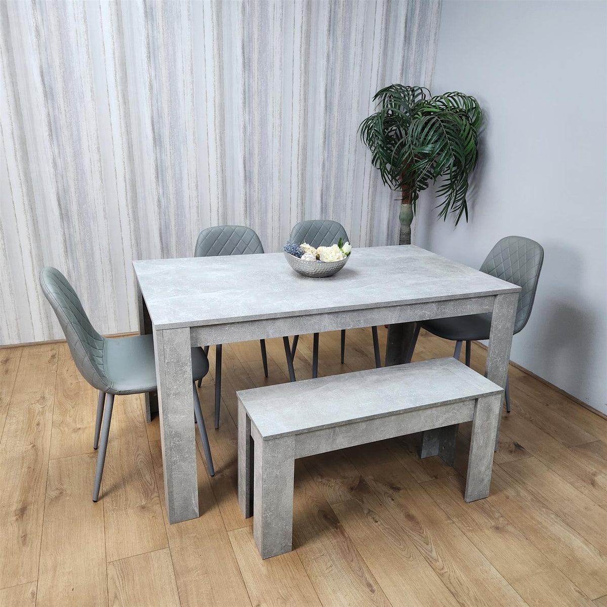 Wooden Rectangle Dining Table Sets with Set of 4 Chairs, a Bench, Grey