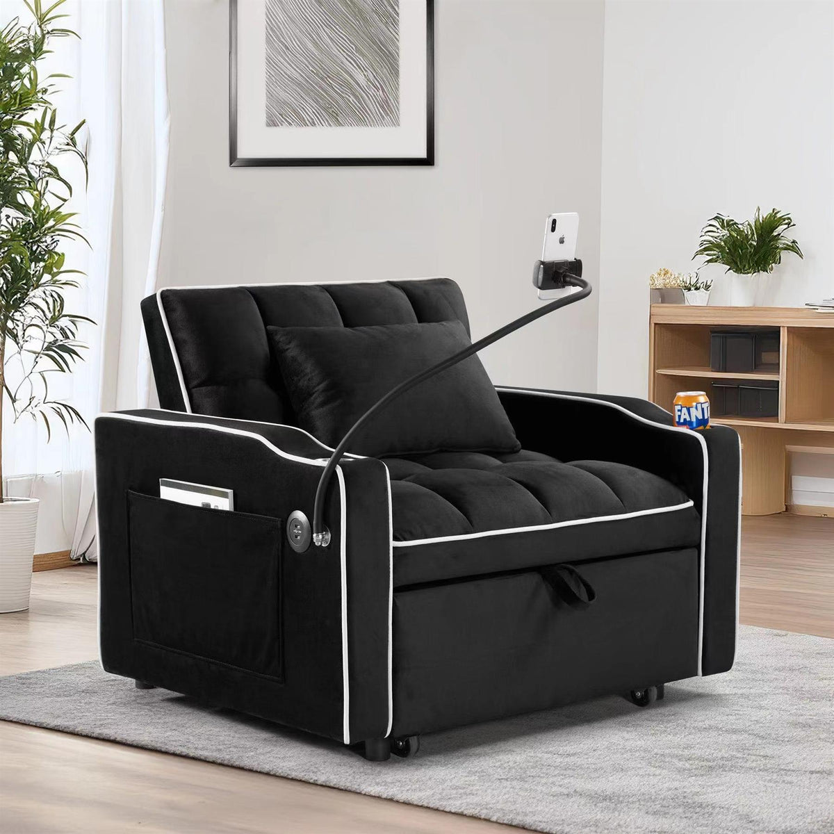 3-in-1 Convertible Sofa Bed Sleeper Chair with Adjustable Backrest, USB Charging & Cup Holder for Small Spaces