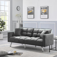 Sofa Bed 2 Seater Grey Velvet Click Clack Sofa Settee Recliner Couch with Metal Legs with 2 Pillows