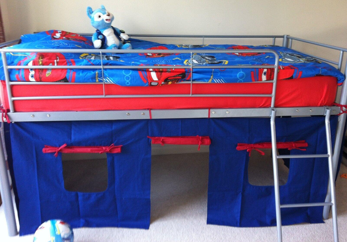 Mid Sleeper Bunk Bed with blue red tent kids 3ft single and 1 mattress silver metal underneath play den childrens bedroom furniture