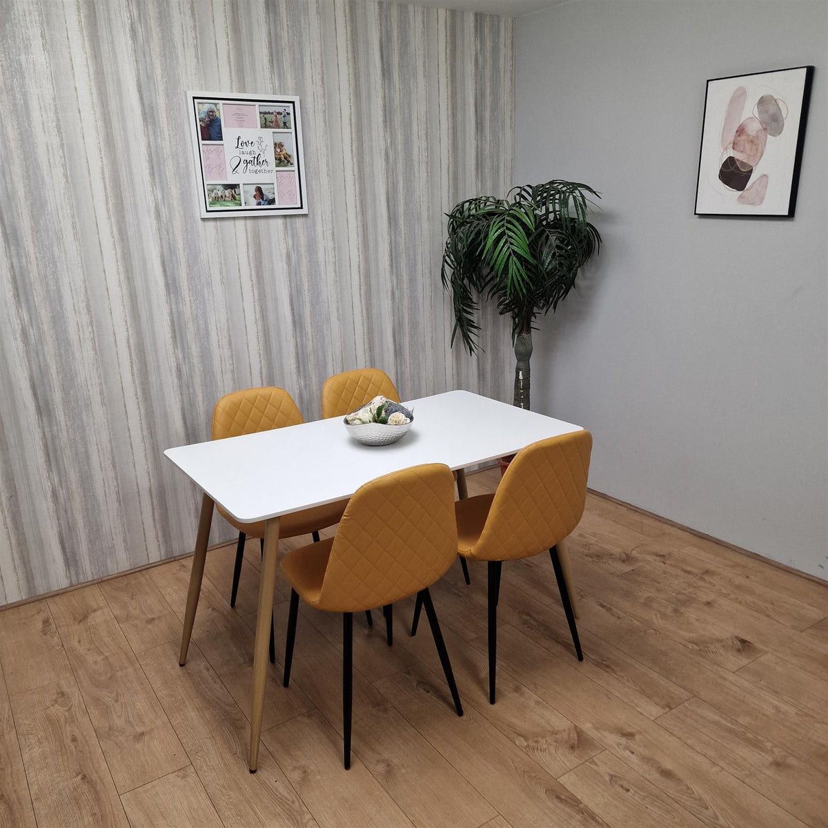 Wooden Dining Table with 4 Mustard Gem Patterned Chairs White Table with Mustard Chairs