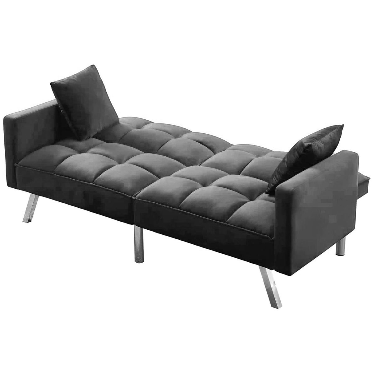 Sofa Bed 2 Seater Grey Velvet Click Clack Sofa Settee Recliner Couch with Metal Legs with 2 Pillows