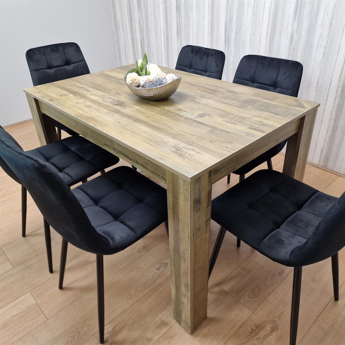 Dining Table and 6 Chairs Rustic Effect Wood Table 6 Black Velvet Chairs Dining Room