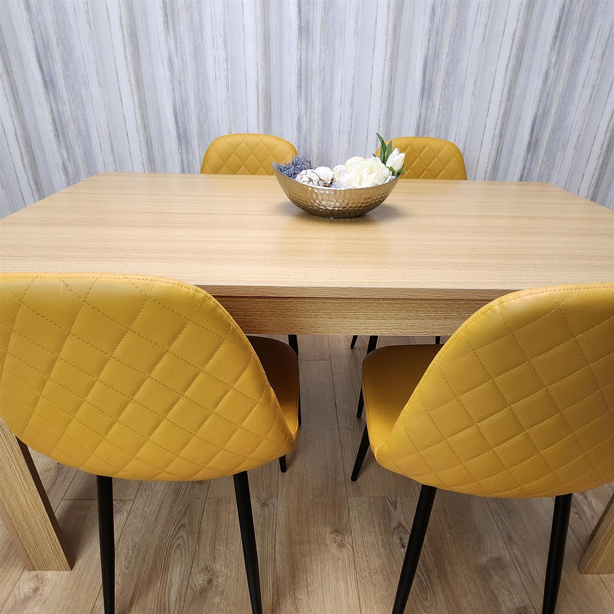 Dining Table and 4 Chairs Oak Effect Table with 4 Mustard Gem Patterned Chairs