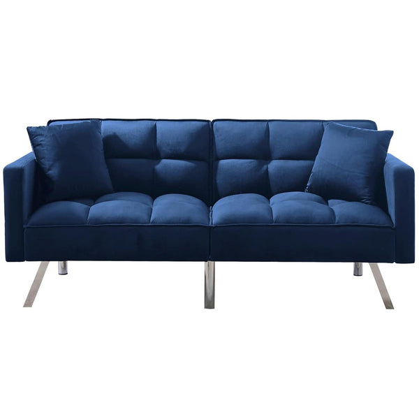 Sofa Bed 2 Seater Blue Velvet Click Clack Sofa Settee Recliner Couch with Metal Legs 2 Pillows