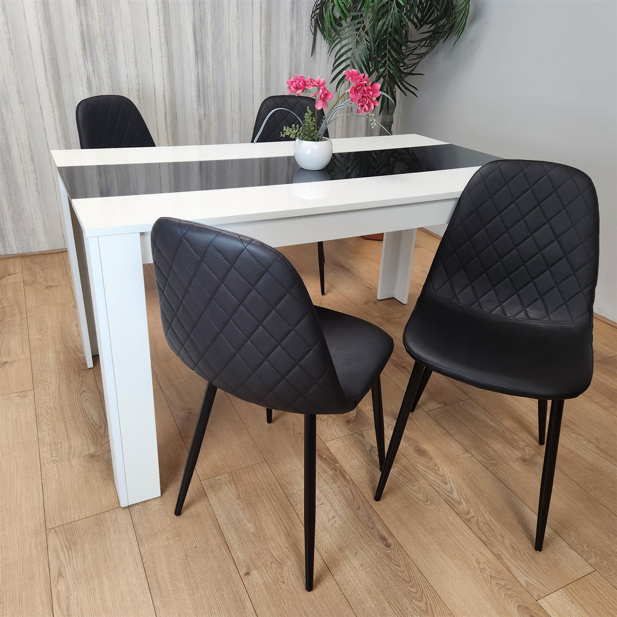 Dining White Black Wood Table and 4 Leather Black Chairs Dining Room Set