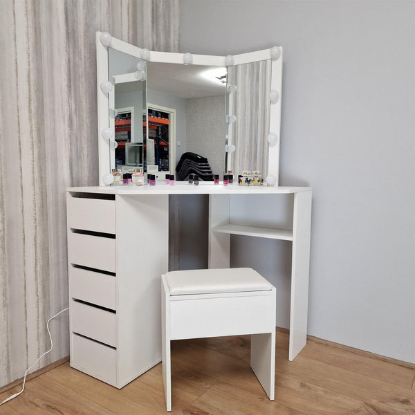 Corner Dressing Table with Mirror and Stool Makeup Vanity LED Mirror Lights Hollywood Table
