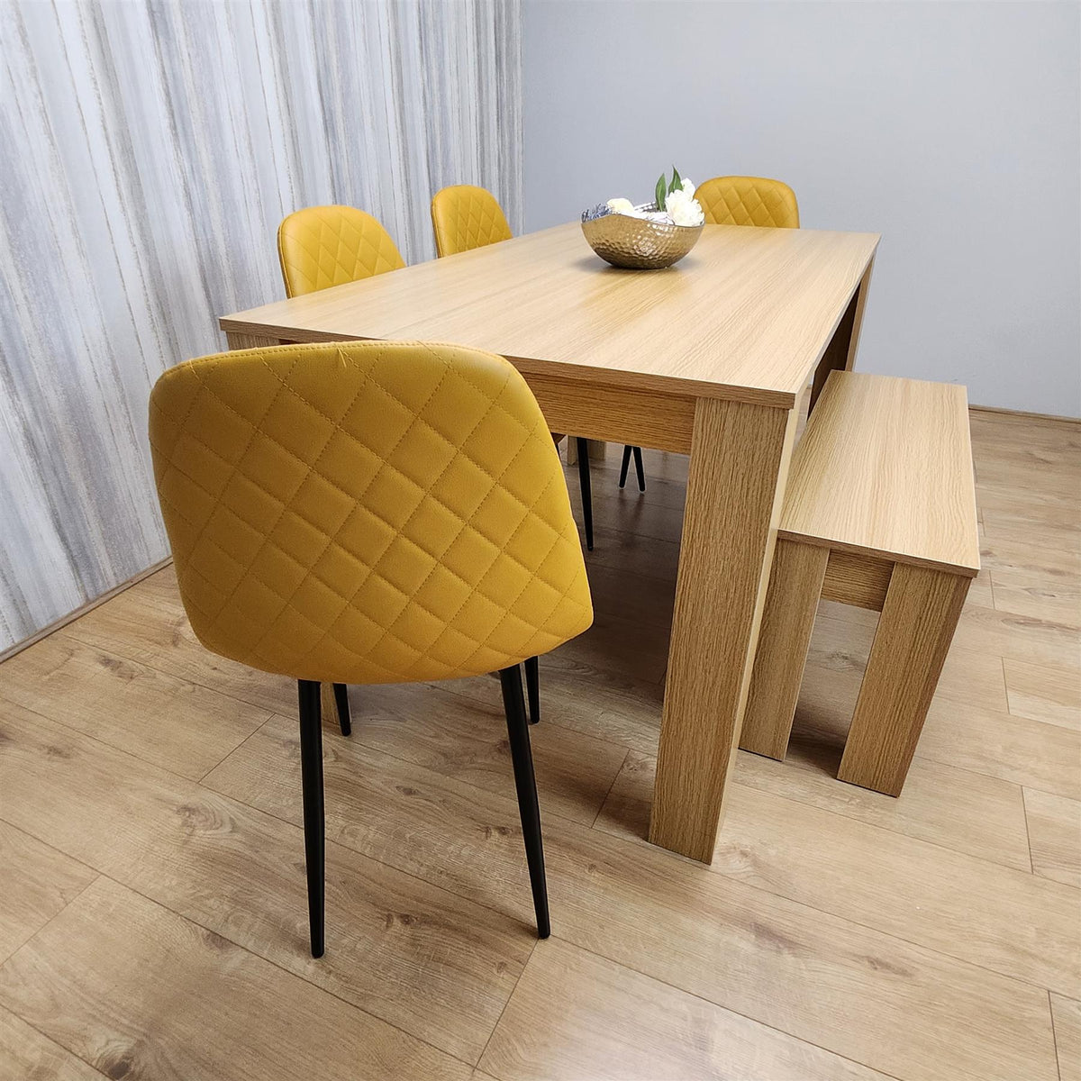 Wooden Dining Table Set for 6 Oak Effect Table With 4 Mustard Gem Patterned  Chairs and 1 Bench