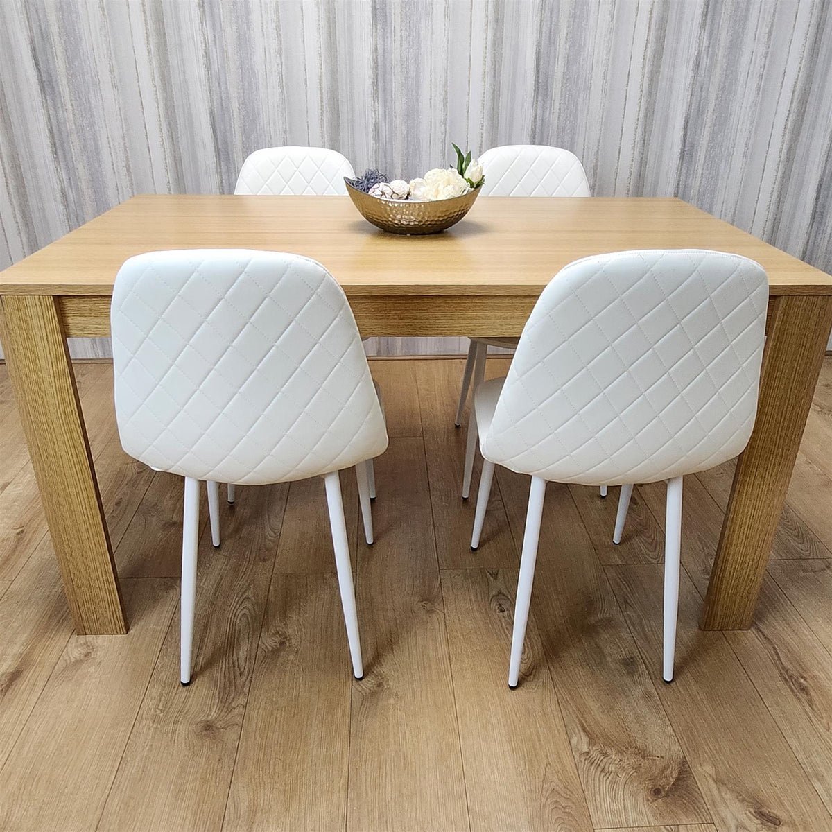 Wooden Dining Table with 4 white Gem Patterned Chairs Oak Effect Table with white Chairs