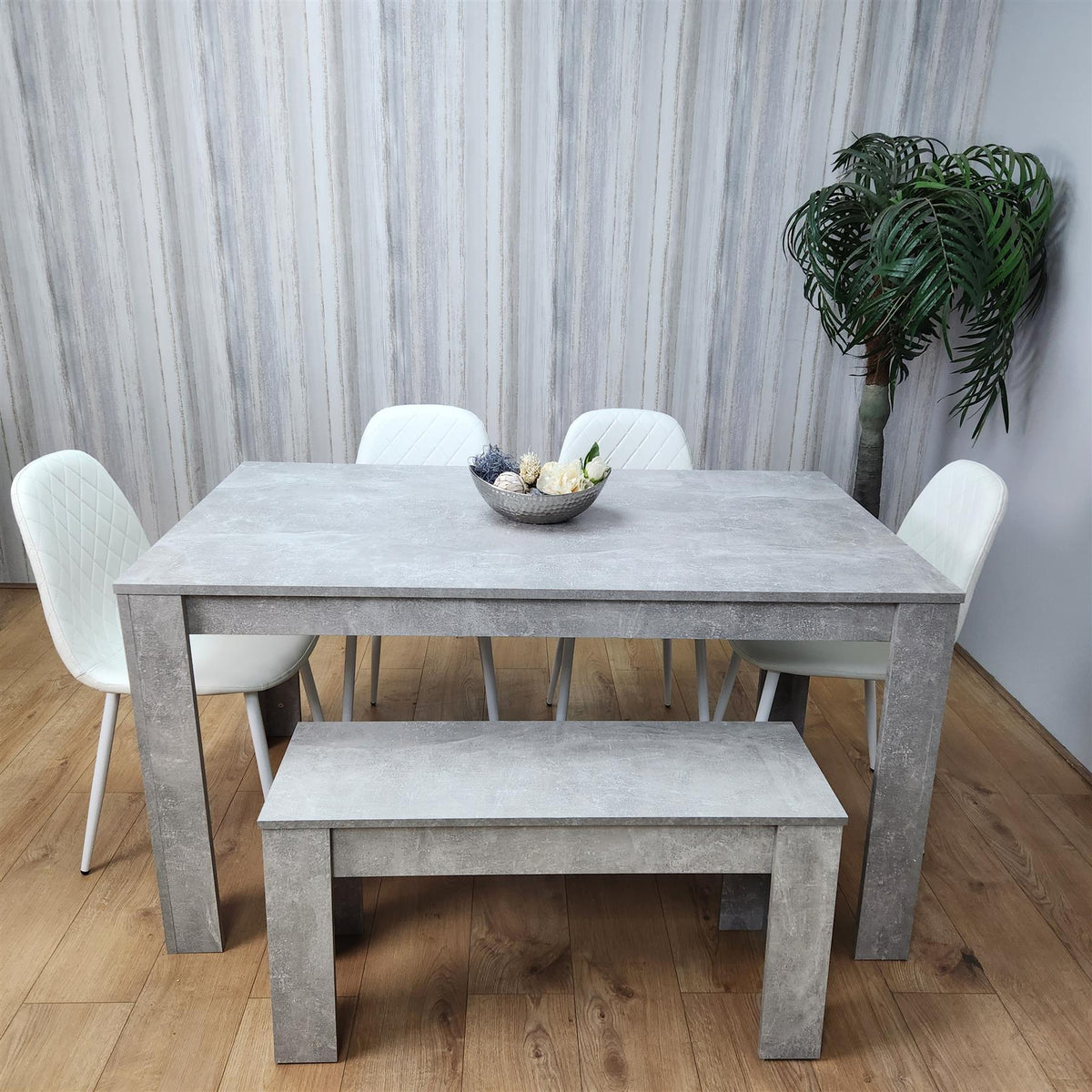 Wooden Rectangle Dining Table Sets with Set of 4 Chairs, a Bench, Grey and White