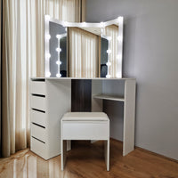 Corner Dressing Table with Mirror and Stool Makeup Vanity LED Mirror Lights Hollywood Table