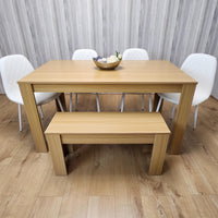 Wooden Dining Table Set for 6 Oak Effect Table With 4 White Gem Patterned  Chairs and 1 Bench