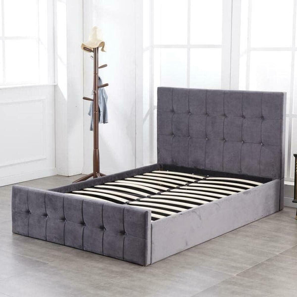 Ottoman Storage Bed grey 4ft 6 double velvet and 1 Mattress cushioned bedroom