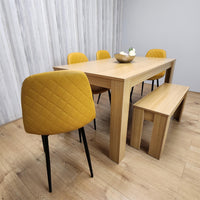 Wooden Dining Table Set for 6 Oak Effect Table With 4 Mustard Gem Patterned  Chairs and 1 Bench