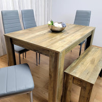 Wooden Dining Table Set for 6 Rustic Effect Table With 4 Grey Leather Chairs and 1 Bench